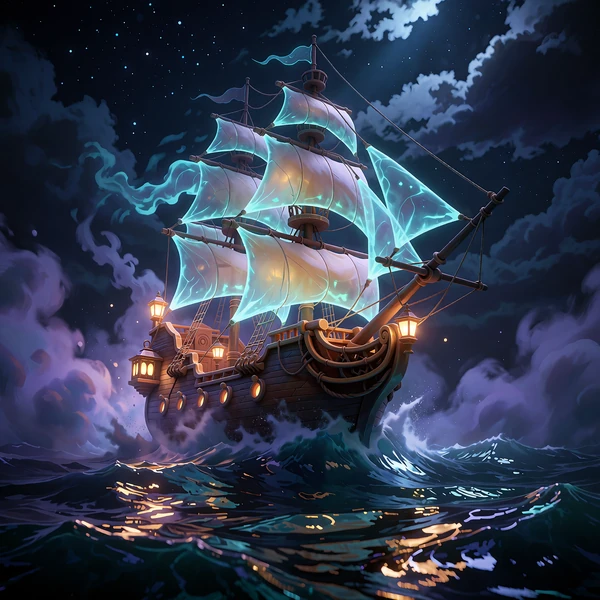 Illustration af et sp&oslash;gelsesagtigt piratskib i violet t&aring;ge en m&aring;neklar nat - temaet for s&oslash;mandsslots