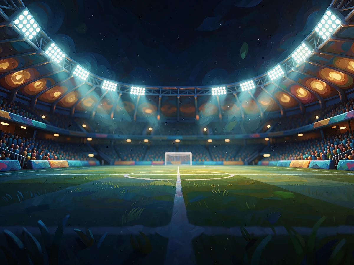 Tomt fodboldstadion om aftenen med t&aelig;ndte projekt&oslash;rer - illustration til Smash Casinos sportsbook