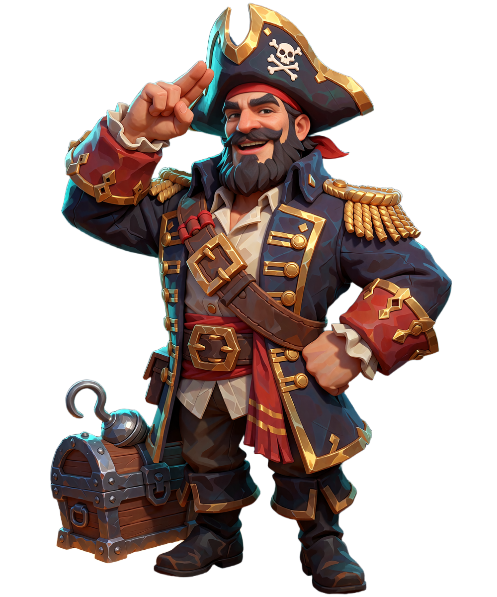 3D-piratkaptajnen med sort sk&aelig;g og tricorn hilser med to fingre, mens hans s&oslash;lvkrog hviler p&aring; en lille skattekiste