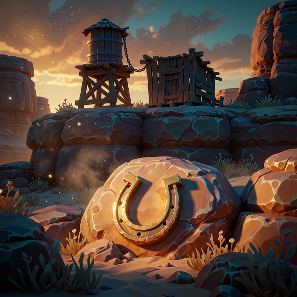 Illustration af en kl&oslash;ft i solnedgang med vandt&aring;rn og gylden hestesko - temaet for western-slots