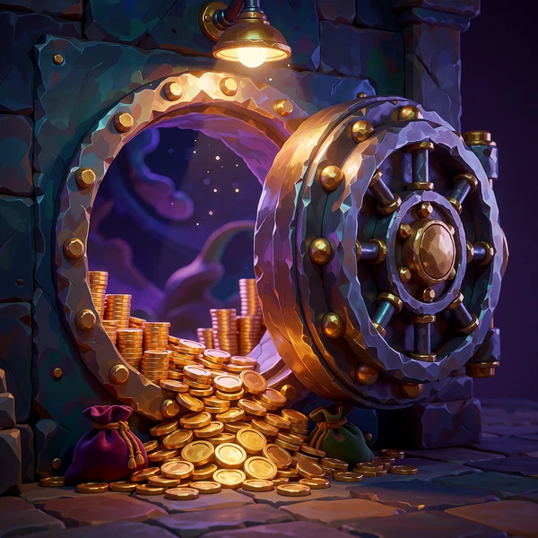 Illustration af en &aring;ben bankboks med guldm&oslash;nter og s&aelig;kke - temaet for heist-slots som Le Bandit