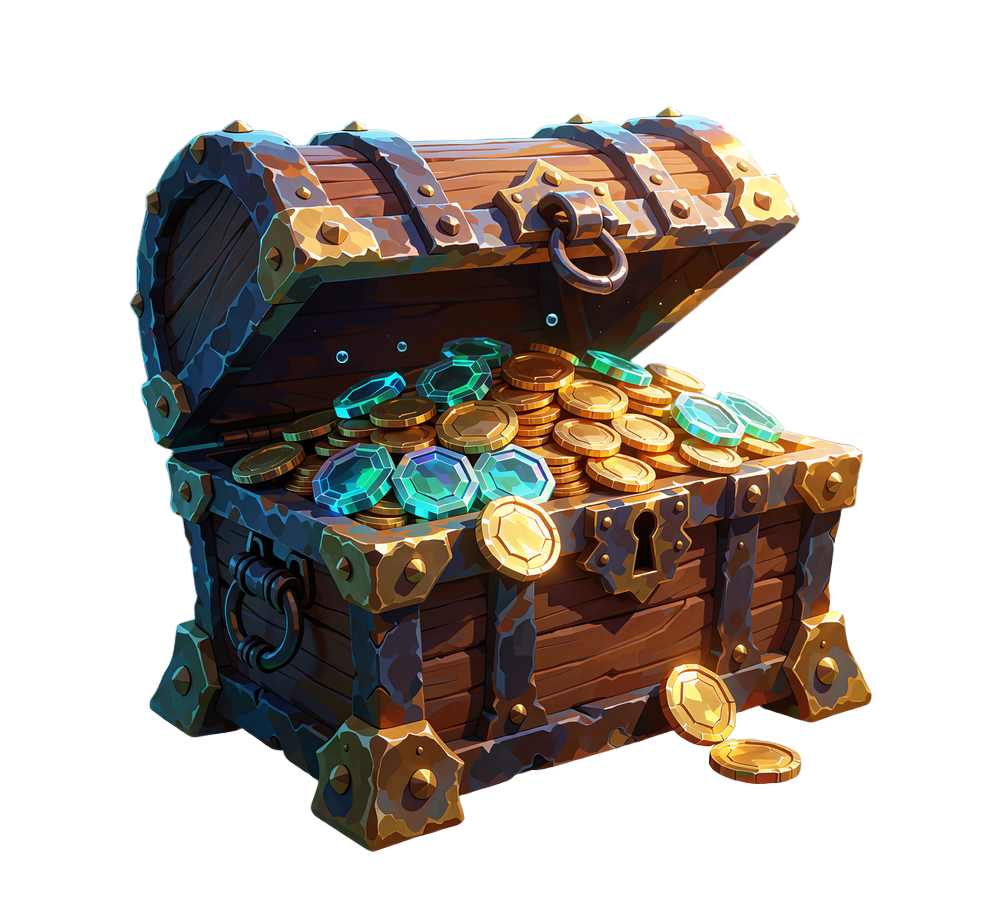 &Aring;ben skattekiste fyldt med guldm&oslash;nter og lysende bl&aring;gr&oslash;nne m&oslash;nter - symbol p&aring; crypto-betalinger hos Smash Casino