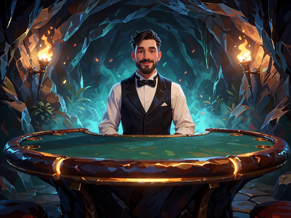 Illustreret live dealer ved et gr&oslash;nt blackjackbord i en fakkeloplyst grotte - live casino hos Smash Casino