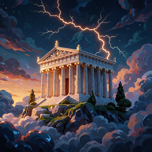 Illustration af et marmortempel p&aring; en bjergtop med gyldent lyn - temaet for gr&aelig;ske gude-slots
