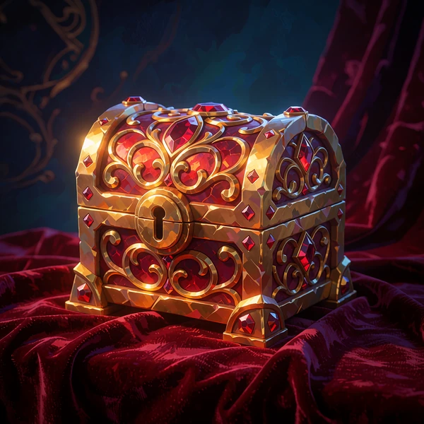 Illustration af en lukket rubinbesat kiste med guldfiligran p&aring; r&oslash;dt fl&oslash;jl - temaet for juvel-slots