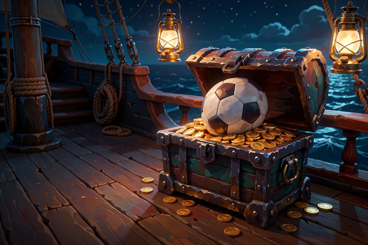 L&aelig;derfodbold oven p&aring; guldm&oslash;nter i en &aring;ben skattekiste p&aring; et piratskibs d&aelig;k om natten - Smash Casinos sportsbonus