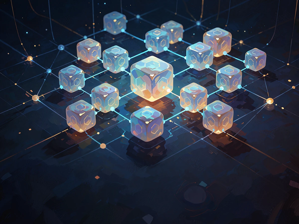 Gl&oslash;dende netv&aelig;rk af kuber forbundet med bl&aring; lyslinjer - illustration af crypto-indbetalinger hos Smash Casino